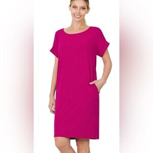 Zenana Round Neck Rolled Sleeve Tunic Shirt Dress with Pockets in Magenta